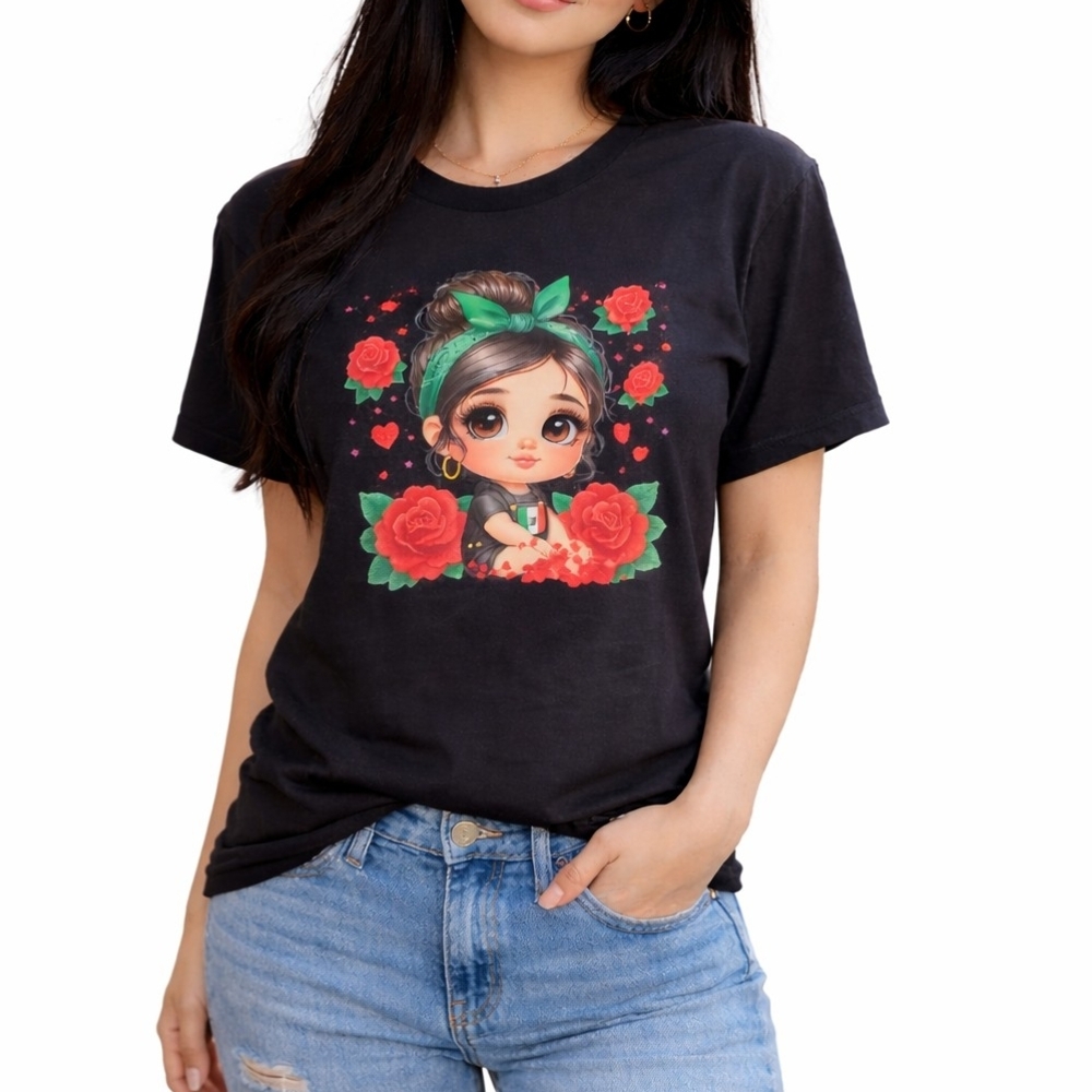 Cute Mexican Doll T-Shirt 🌹 Black Graphic Tee Size M | Unique & Stylish